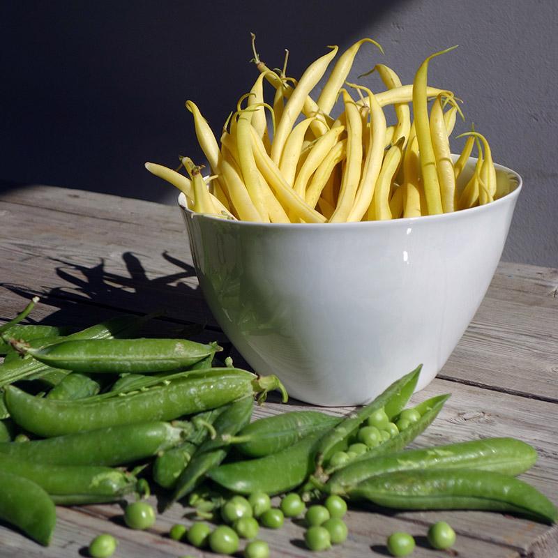 haricots beurre et petits pois frais dans un saladier en porcelaine blanche de forme irrégulière - tsé tsé