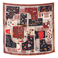 Foulard en soie Tsé & Tsé 90x90 cm avec motifs du Vase d’Avril, théière Mirza, lampe Cornette, Vaisselle Affamée, chaise entousiaste, clé à molette, le vase Oisaeu, la Petite Théièrze, la lampe squelettique, le vase paresseux, la lampe pilaf, l'igloo de nuit